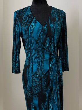 Connected Apparel Teal and Black Midi Wrap Dress